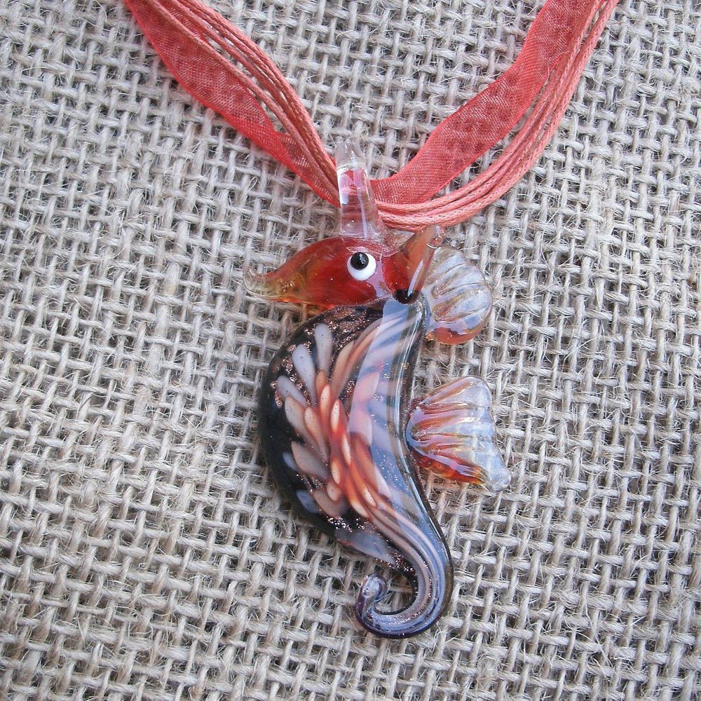 Murano Glass Red Flower Seahorse Pendant Necklace
